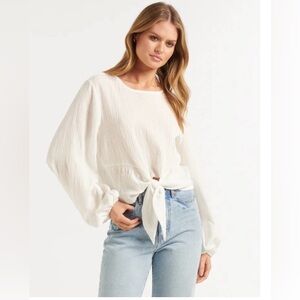**Lilyful  Chic White Crinkly Blouse with Front ties and bell sleeves.
